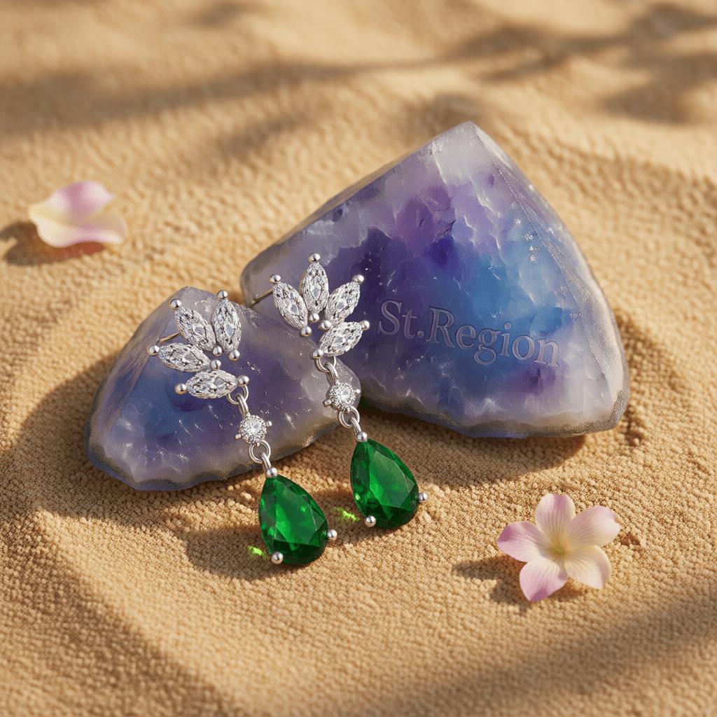 Cubic Zirconia and Green Crystal Botanical Drop Earrings, drop earrings for women, everyday style, detail close-up