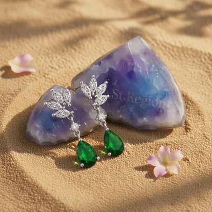 Cubic Zirconia and Green Crystal Botanical Drop Earrings, drop earrings for women, everyday style, detail close-up