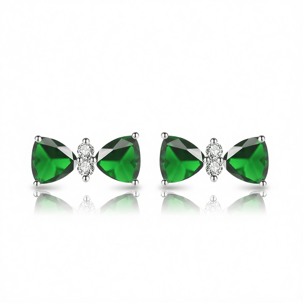 Cubic Zirconia & Green Crystal Bow Stud Earrings
