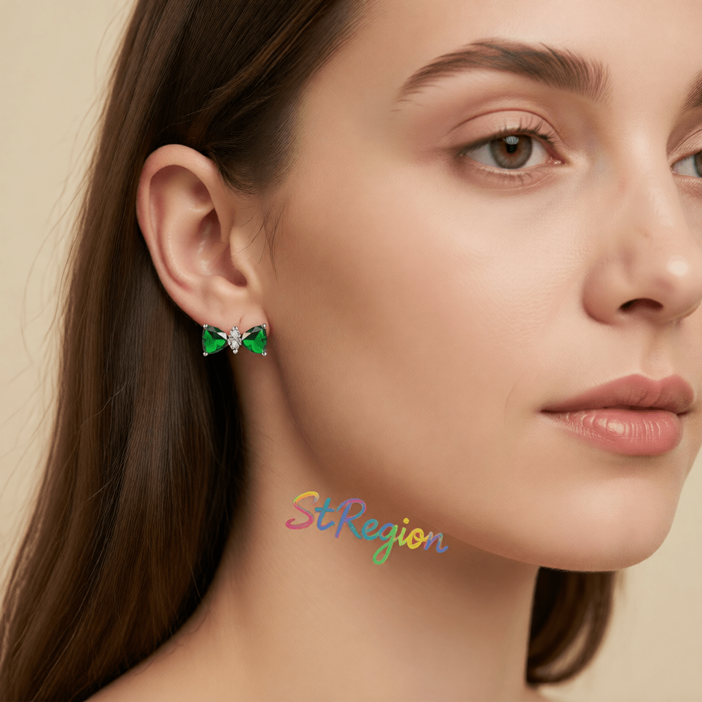 Cubic Zirconia & Green Crystal Bow Stud Earrings
