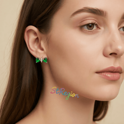 Cubic Zirconia & Green Crystal Bow Stud Earrings