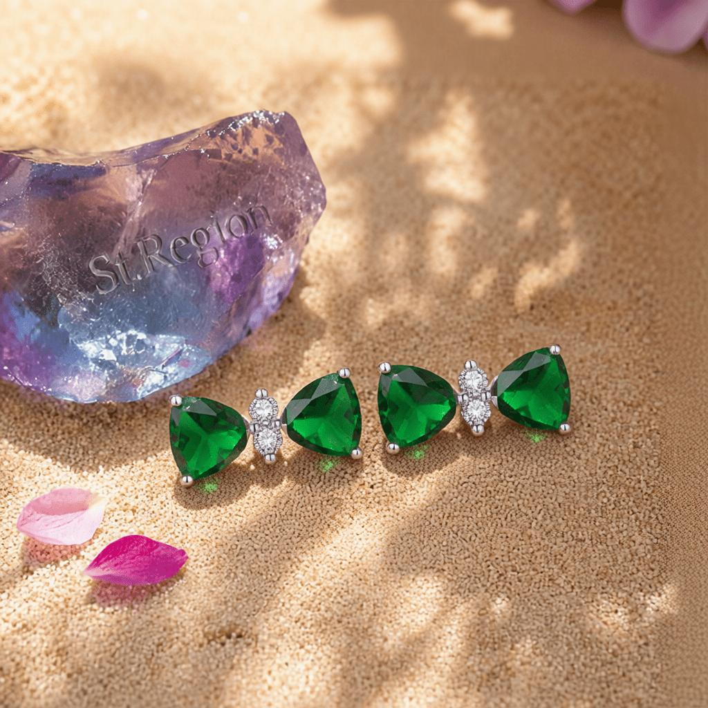 Cubic Zirconia and Green Crystal Bow Stud Earrings, stud earrings for women, dainty minimalist design, detail close-up