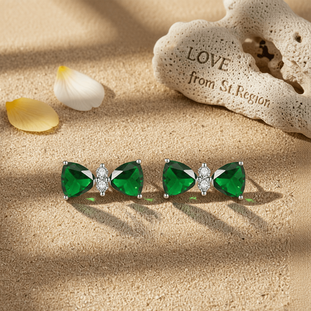 Cubic Zirconia & Green Crystal Bow Stud Earrings