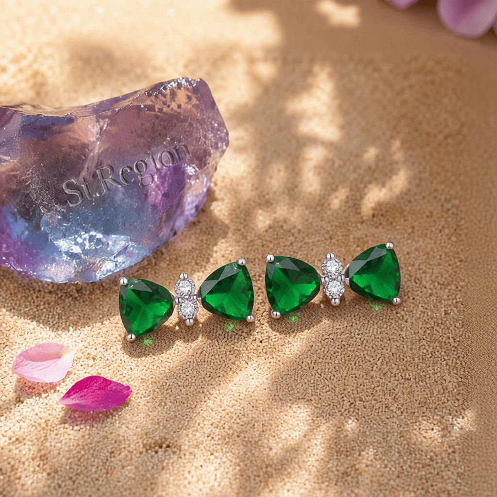 Cubic Zirconia & Green Crystal Bow Stud Earrings