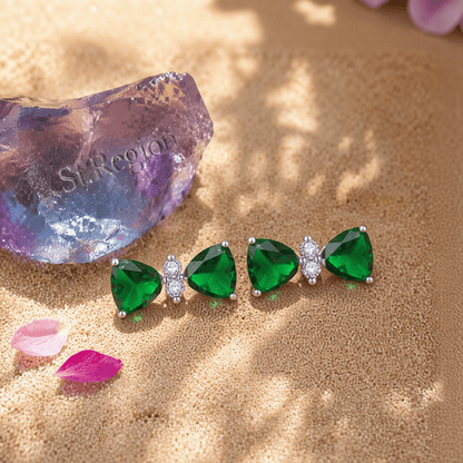 Cubic Zirconia & Green Crystal Bow Stud Earrings