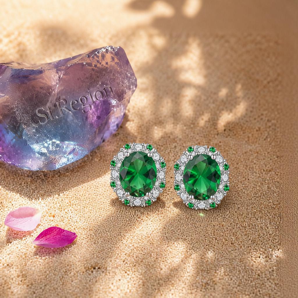 Cubic Zirconia and Green Crystal Oval Stud Earrings, cubic zirconia stud earrings for women, detail close-up