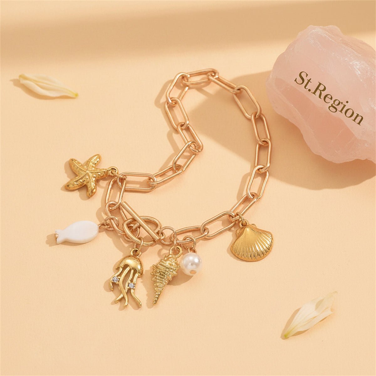 Cubic Zirconia & Pearl Acrylic Goldtone Sea Lives Charm Toggle Anklet - Street Region