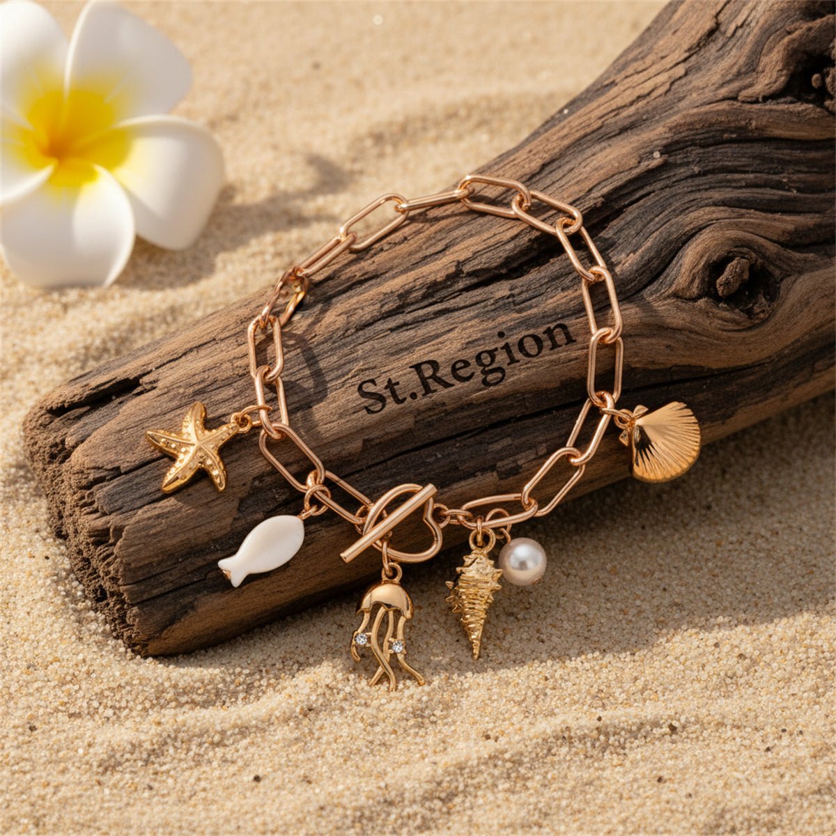Cubic Zirconia & Pearl Acrylic Goldtone Sea Lives Charm Toggle Anklet - Street Region