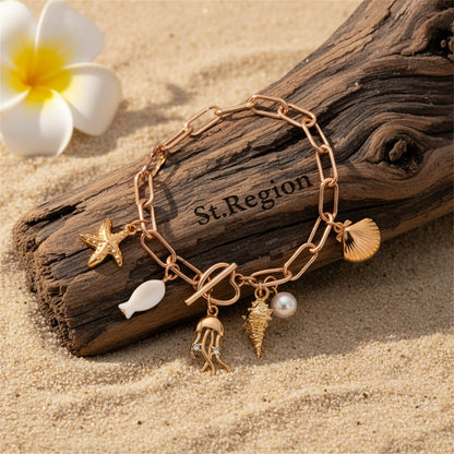 Cubic Zirconia & Pearl Acrylic Goldtone Sea Lives Charm Toggle Anklet - Street Region