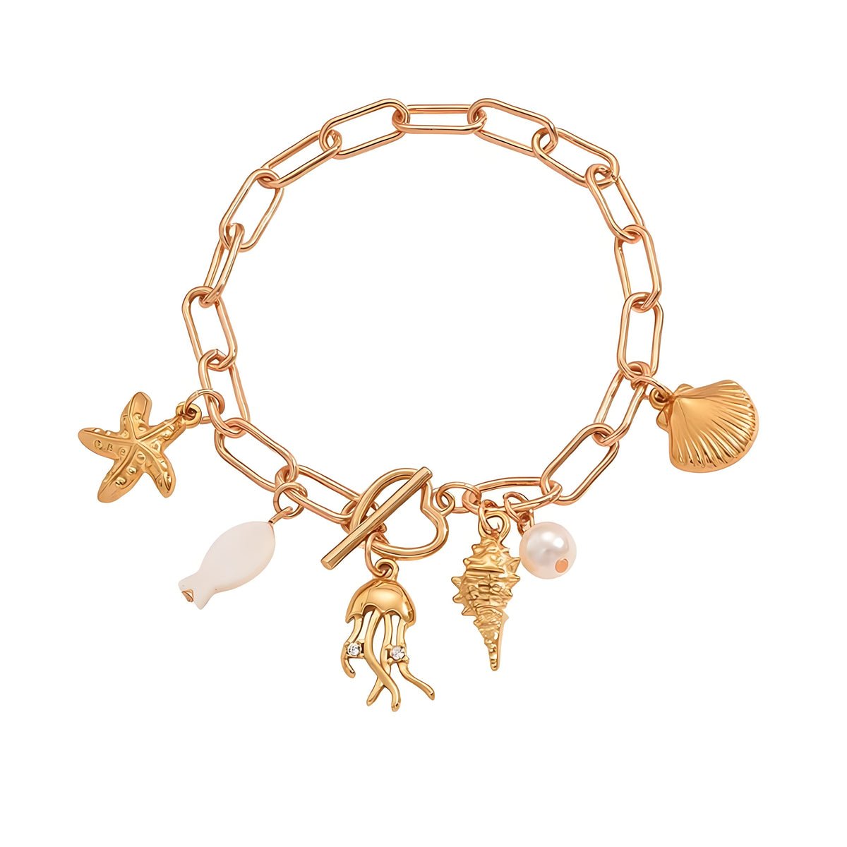Cubic Zirconia & Pearl Acrylic Goldtone Sea Lives Charm Toggle Anklet - Street Region