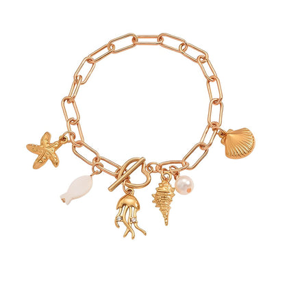 Cubic Zirconia & Pearl Acrylic Goldtone Sea Lives Charm Toggle Anklet - Street Region