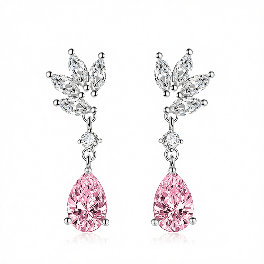 Cubic Zirconia and Pink Crystal Botanical Drop Earrings, drop earrings for women, elegant gift for her, side view