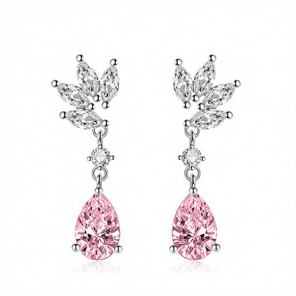 Cubic Zirconia and Pink Crystal Botanical Drop Earrings, drop earrings for women, elegant gift for her, side view