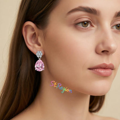 Cubic Zirconia and Pink Crystal Floral Drop Earrings, drop earrings for women, everyday style, styled look