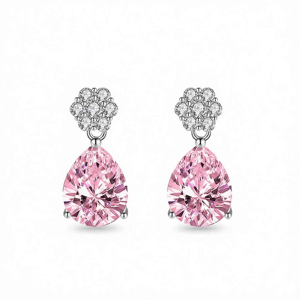 Cubic Zirconia and Pink Crystal Floral Drop Earrings, drop earrings for women, everyday style, side view
