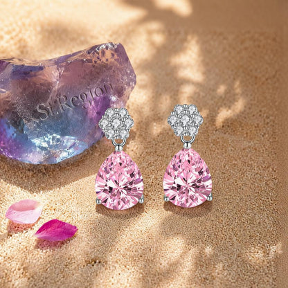 Cubic Zirconia and Pink Crystal Floral Drop Earrings, drop earrings for women, everyday style, detail close-up