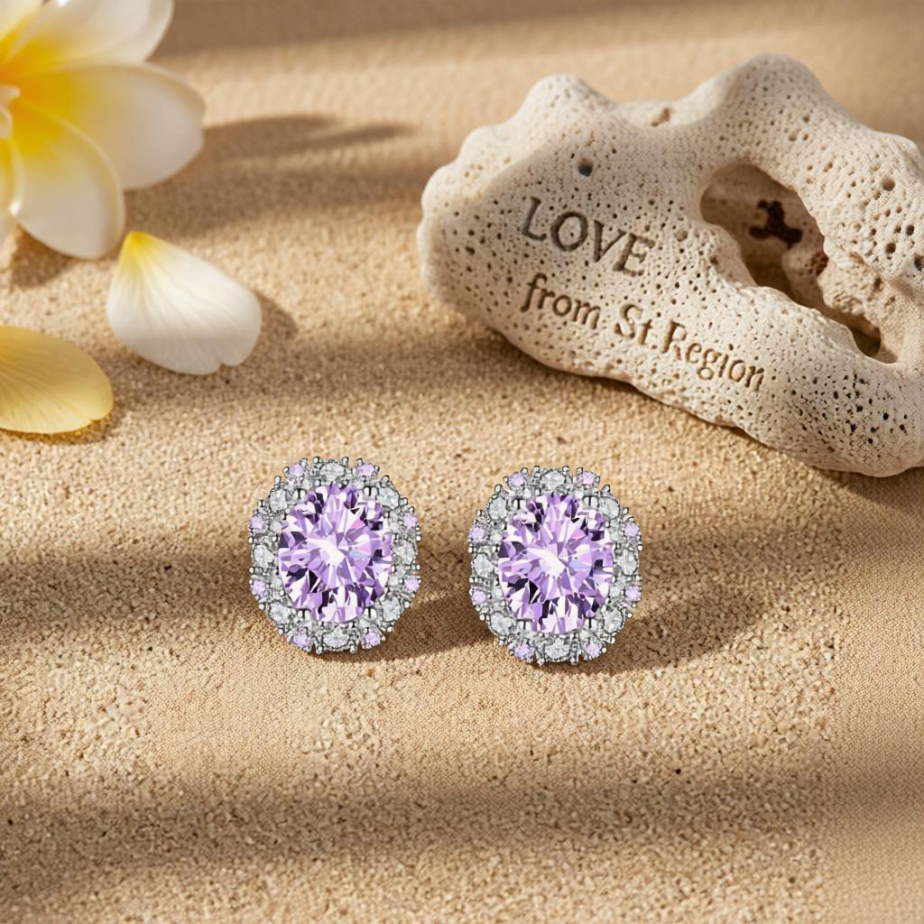 Cubic Zirconia and Purple Crystal Oval Stud Earrings, cubic zirconia stud earrings for women, lifestyle look