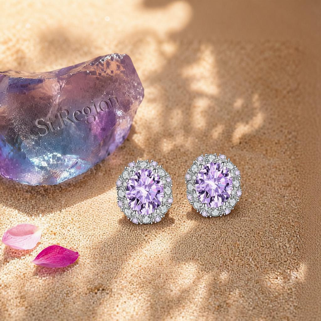 Cubic Zirconia and Purple Crystal Oval Stud Earrings, cubic zirconia stud earrings for women, detail close-up