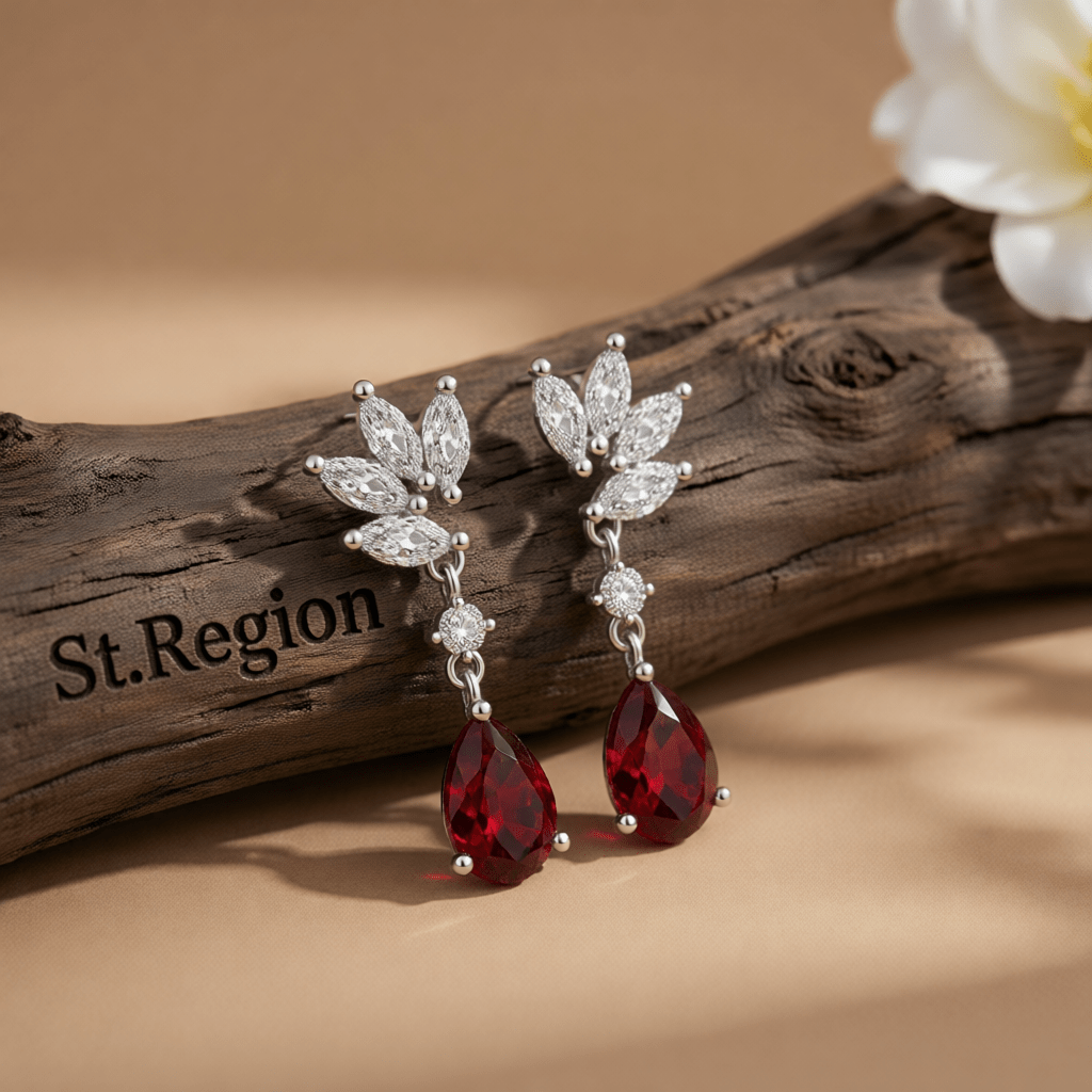 Cubic Zirconia and Red Crystal Botanical Drop Earrings, drop earrings for women, dainty minimalist design, front view