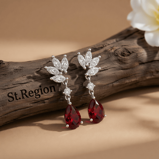 Cubic Zirconia & Red Crystal Botanical Drop Earrings