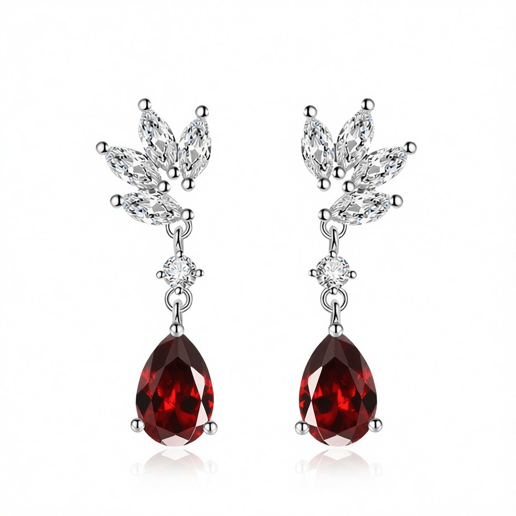 Cubic Zirconia and Red Crystal Botanical Drop Earrings, drop earrings for women, dainty minimalist design, side view