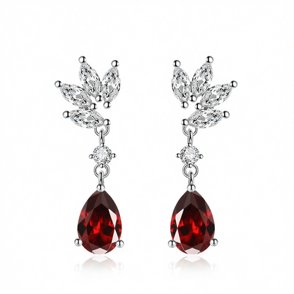Cubic Zirconia and Red Crystal Botanical Drop Earrings, drop earrings for women, dainty minimalist design, side view