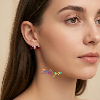 Cubic Zirconia and Red Crystal Bow Stud Earrings, cubic zirconia stud earrings for women, elegant gift for her, styled look