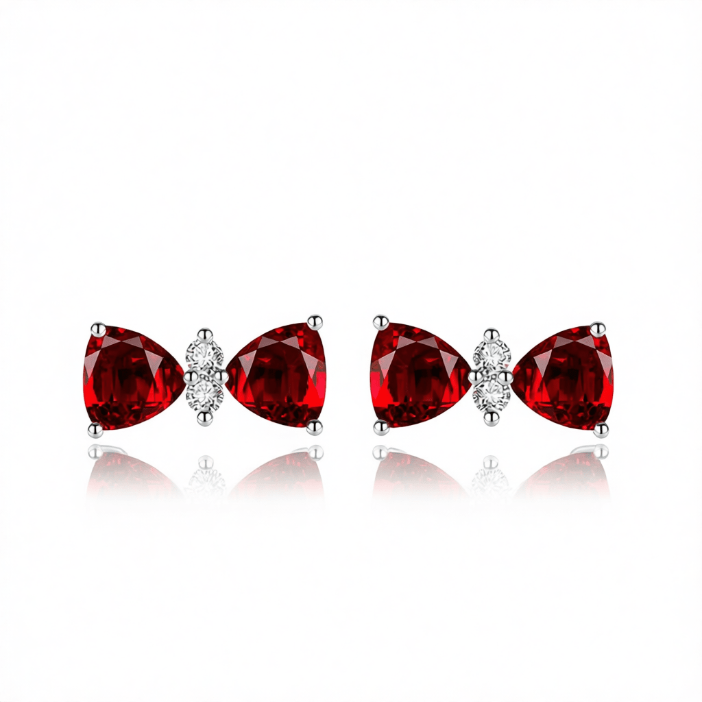 Cubic Zirconia and Red Crystal Bow Stud Earrings, cubic zirconia stud earrings for women, elegant gift for her, side view