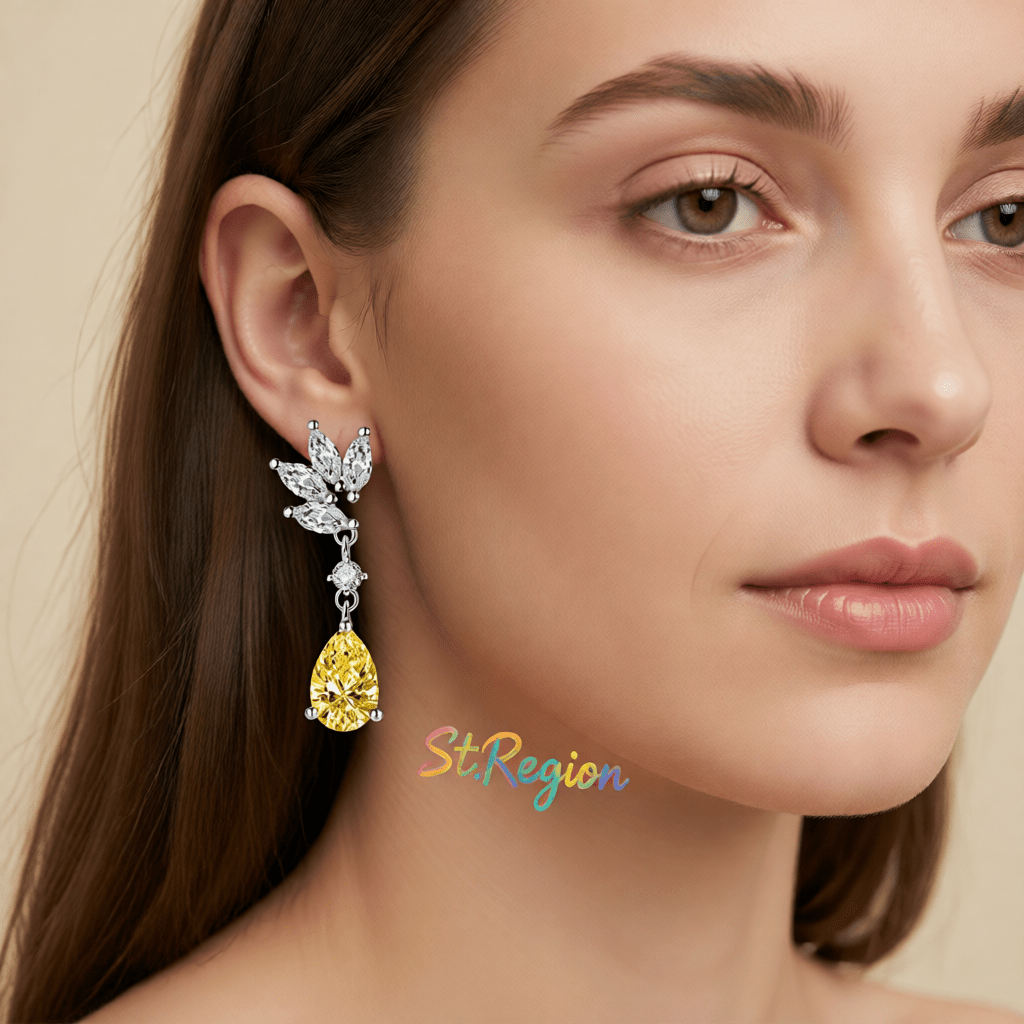 Cubic Zirconia and Yellow Crystal Botanical Drop Earrings, drop earrings for women, vintage-inspired design, styled look