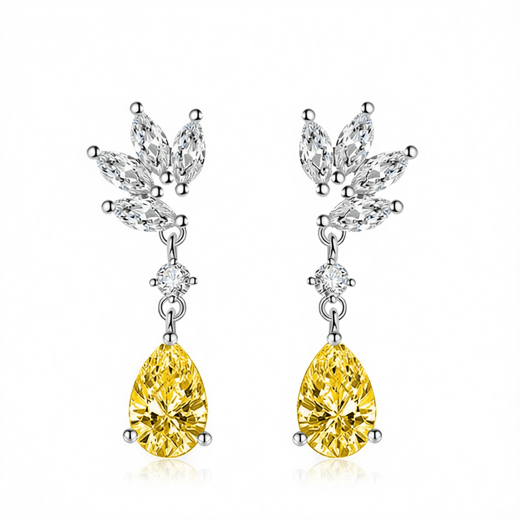 Cubic Zirconia and Yellow Crystal Botanical Drop Earrings, drop earrings for women, vintage-inspired design, side view