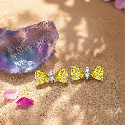 Cubic Zirconia and Yellow Crystal Bow Stud Earrings, cubic zirconia stud earrings for women, everyday style, detail close-up