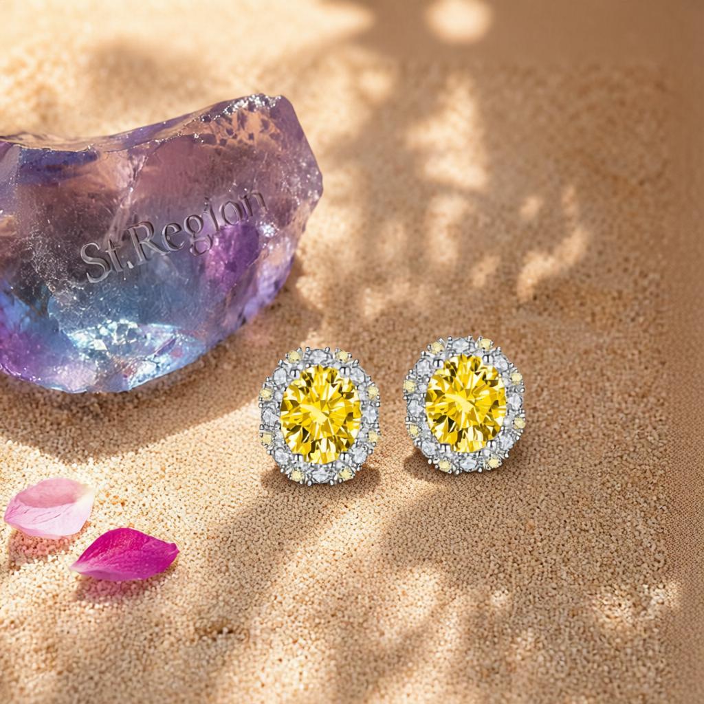 Cubic Zirconia and Yellow Crystal Oval Stud Earrings, cubic zirconia stud earrings for women, detail close-up