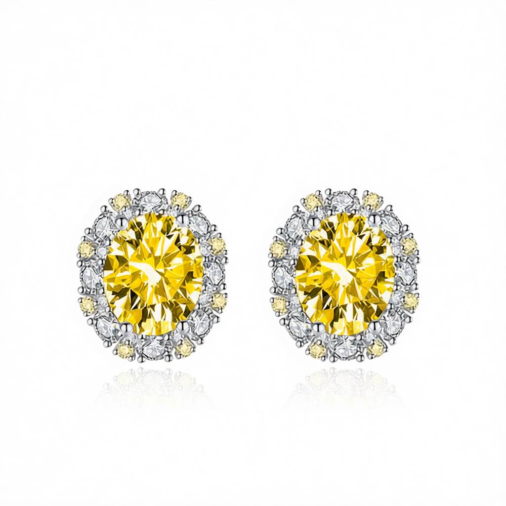 Cubic Zirconia and Yellow Crystal Oval Stud Earrings, cubic zirconia stud earrings for women, elegant gift for her, side view