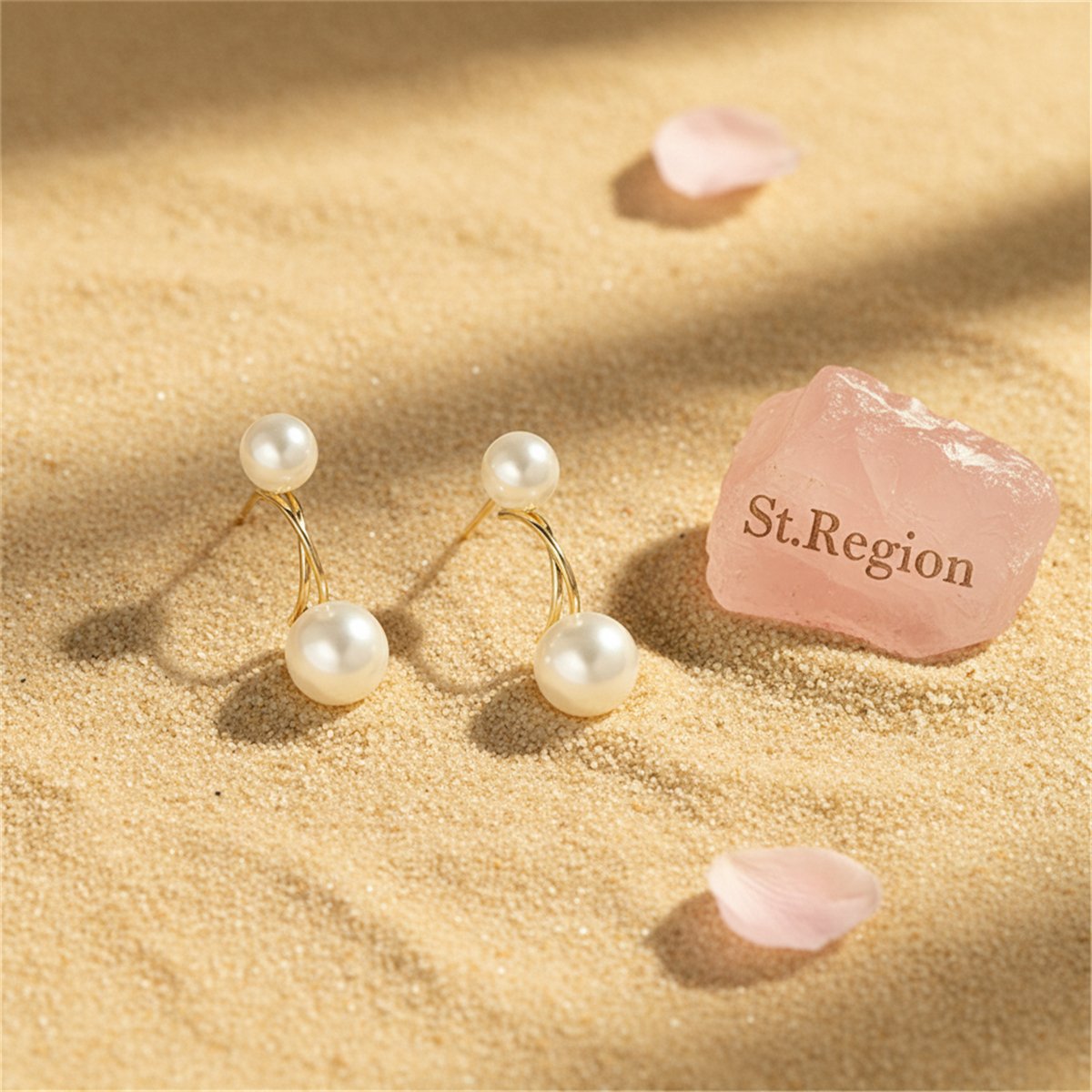 Pearl and 18K Gold-Plated Double Drop Earrings, gold drop earrings for women, botanical inspired, detail close-up