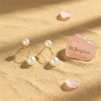 Pearl and 18K Gold-Plated Double Drop Earrings, gold drop earrings for women, botanical inspired, detail close-up