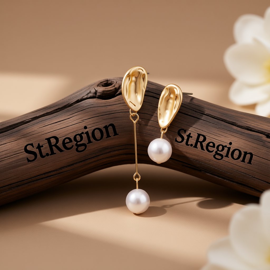 Pearl and 18K Gold-Plated Asymmetrical Drop Earrings, gold drop earrings for women, dainty minimalist design, front view