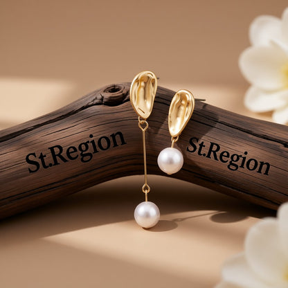 Pearl and 18K Gold-Plated Asymmetrical Drop Earrings, gold drop earrings for women, dainty minimalist design, front view