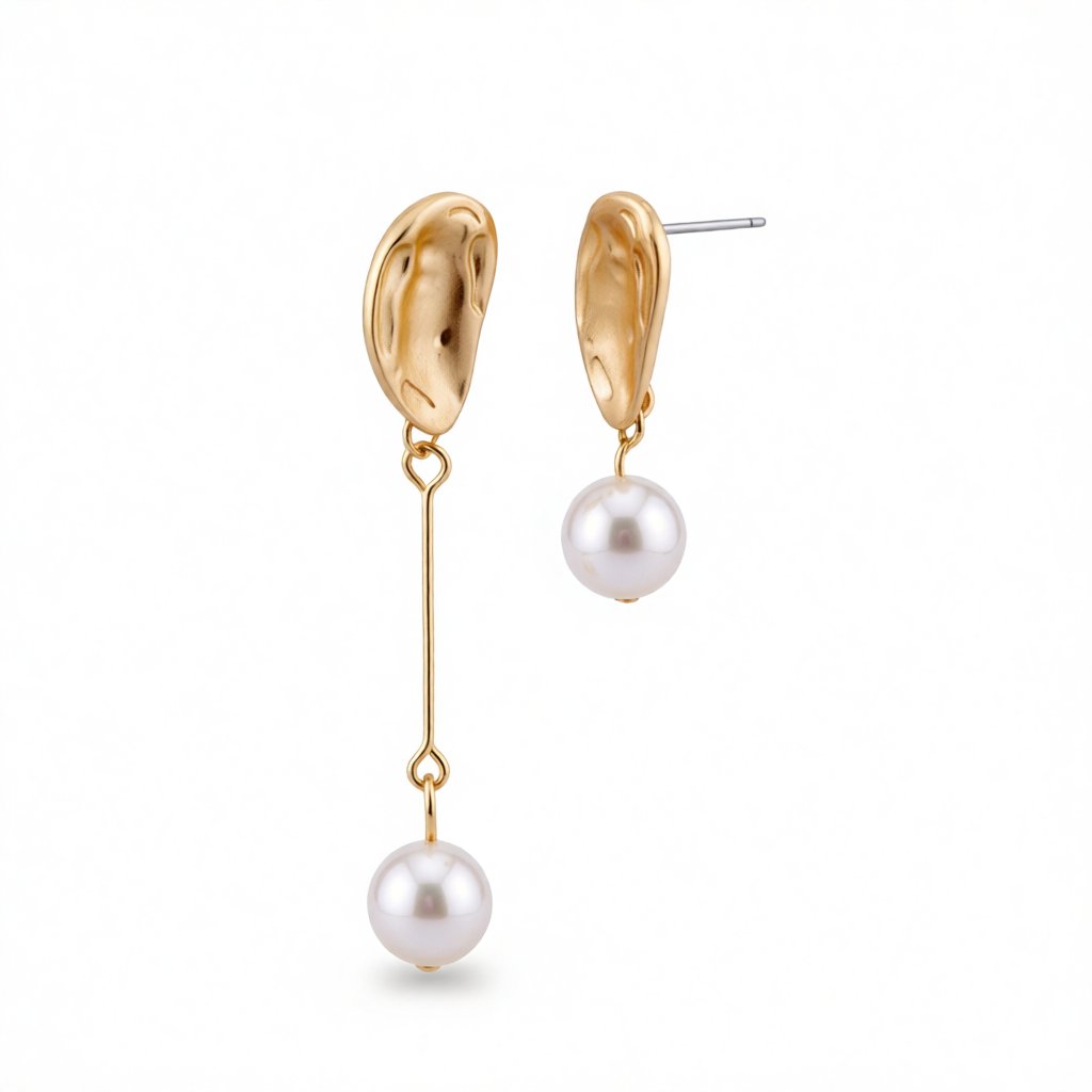 Pearl and 18K Gold-Plated Asymmetrical Drop Earrings, gold drop earrings for women, dainty minimalist design, side view