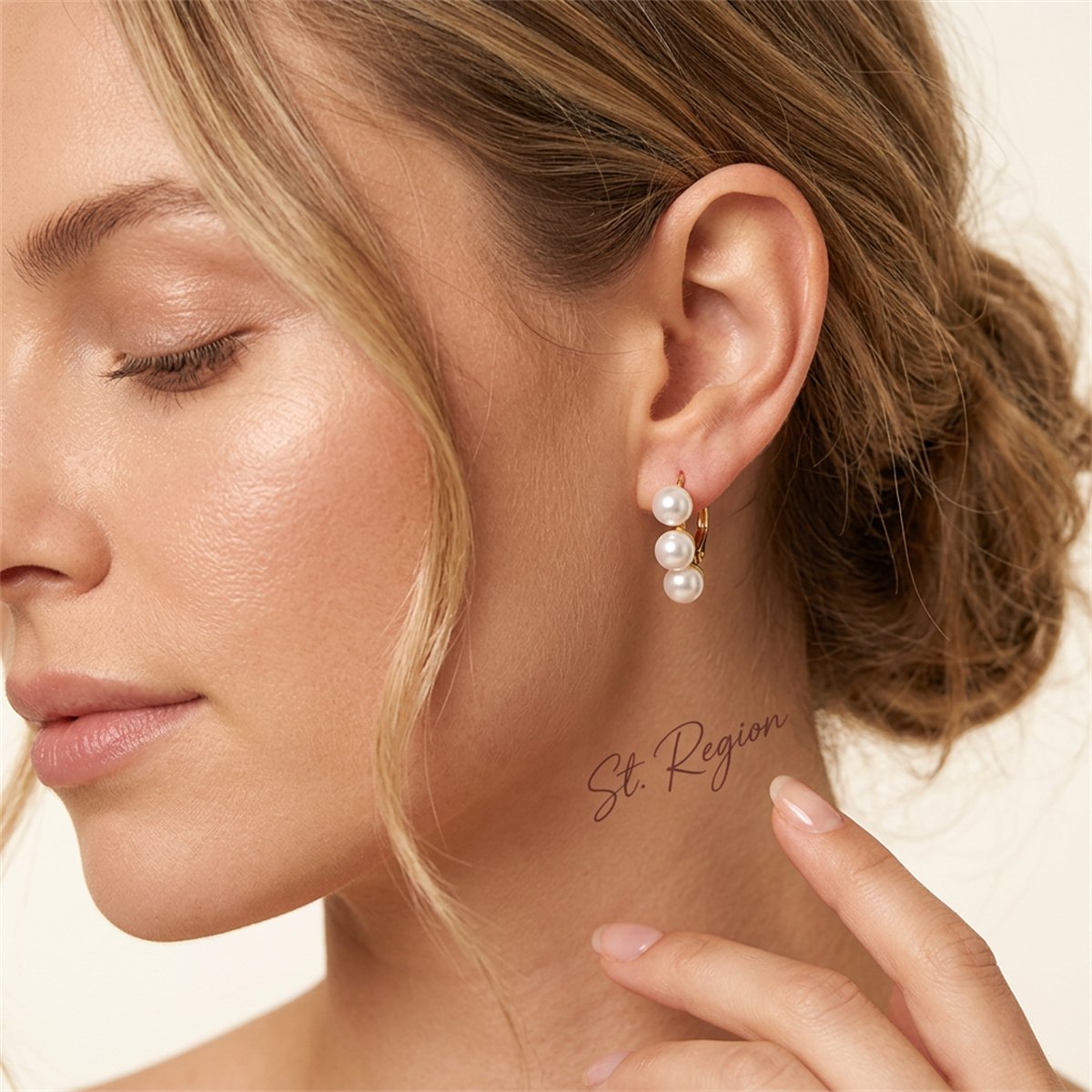 Pearl and 18K Gold-Plated Triple Stud Earrings, gold huggie earrings, elegant gift for her, styled look