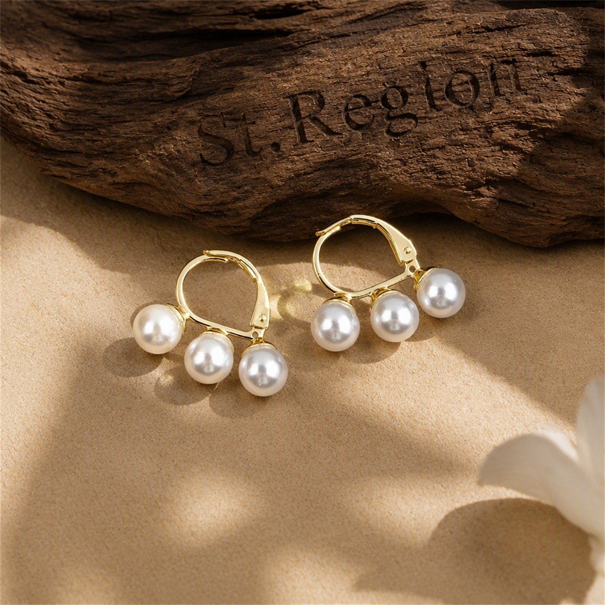 Pearl and 18K Gold-Plated Triple Stud Earrings, gold huggie earrings, elegant gift for her, front view