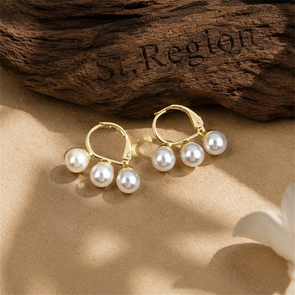 Pearl and 18K Gold-Plated Triple Stud Earrings, gold huggie earrings, elegant gift for her, front view