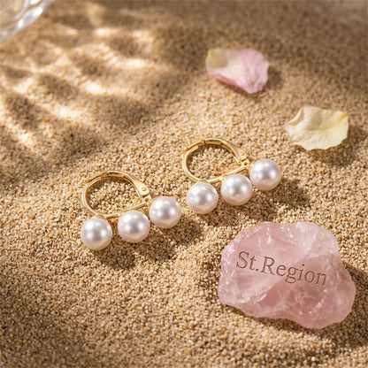 Pearl and 18K Gold-Plated Triple Stud Earrings, gold huggie earrings, elegant gift for her, detail close-up
