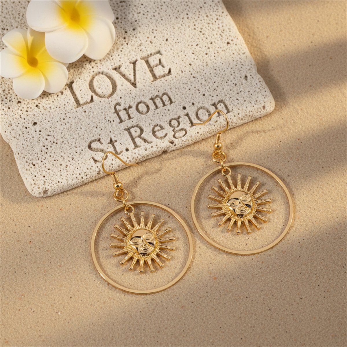 18K Gold-Plated Round Sun Drop Earrings, gold drop earrings for women, vintage-inspired design, lifestyle look