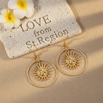 18K Gold-Plated Round Sun Drop Earrings, gold drop earrings for women, vintage-inspired design, lifestyle look