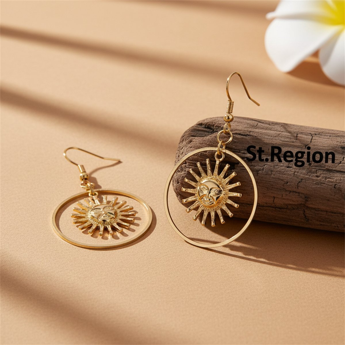 18K Gold-Plated Round Sun Drop Earrings, gold drop earrings for women, vintage-inspired design, front view
