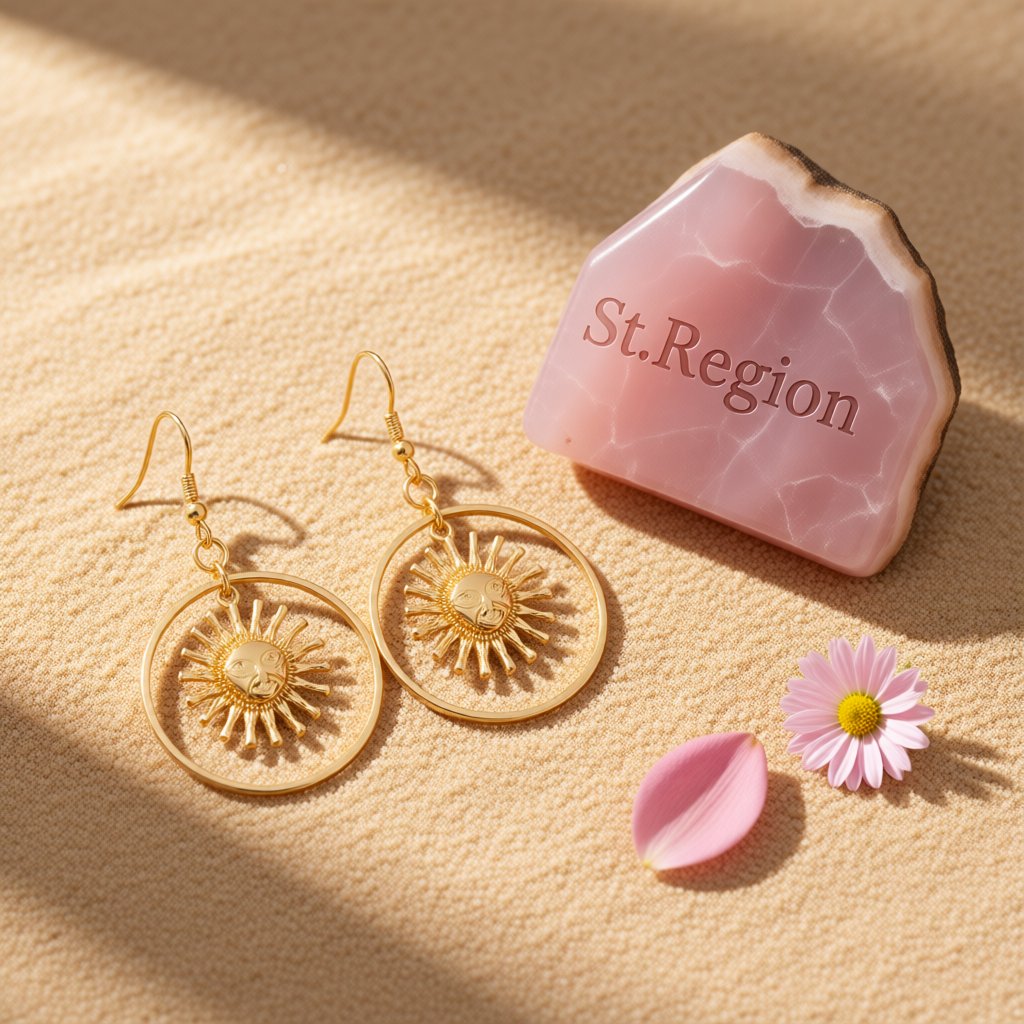 18K Gold-Plated Round Sun Drop Earrings, gold drop earrings for women, vintage-inspired design, detail close-up