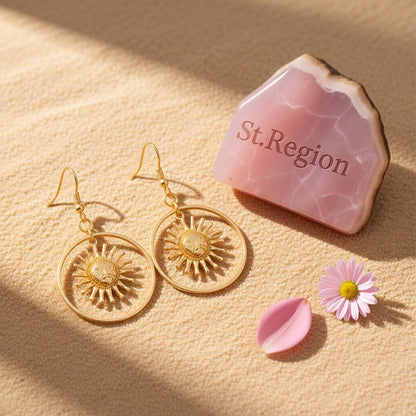 18K Gold-Plated Round Sun Drop Earrings, gold drop earrings for women, vintage-inspired design, detail close-up
