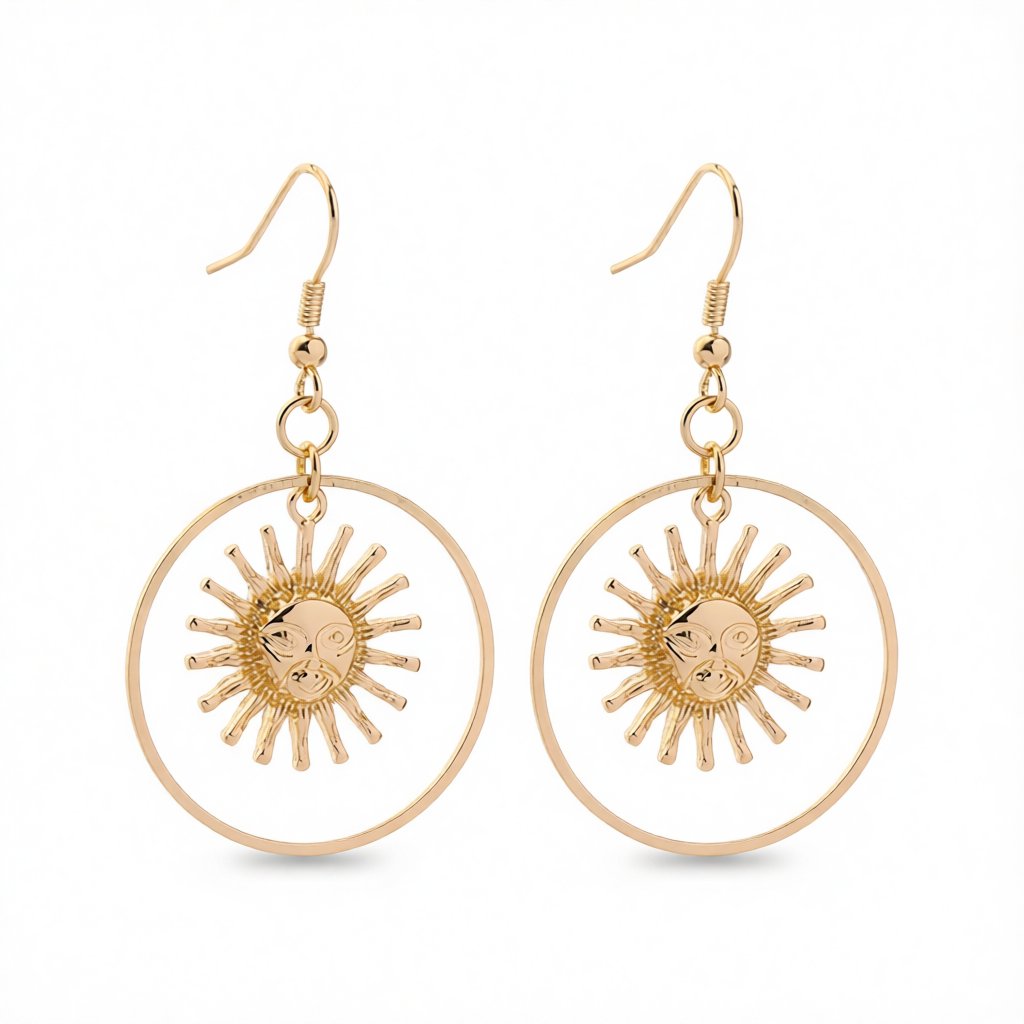 18K Gold-Plated Round Sun Drop Earrings, gold drop earrings for women, vintage-inspired design, side view