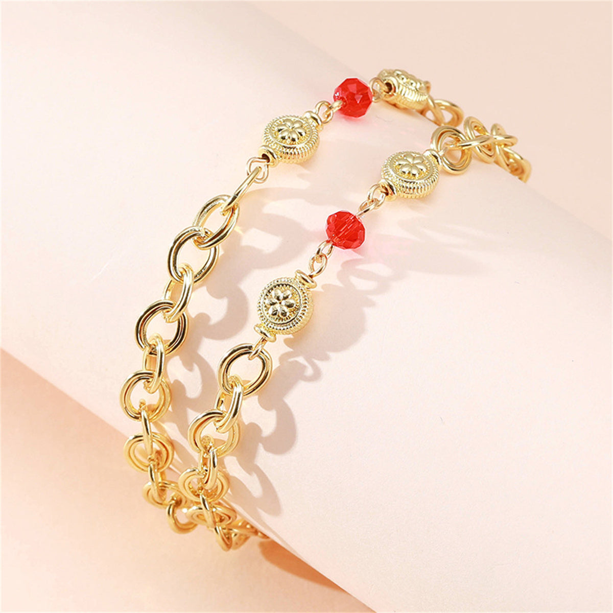Red Acrylic & 18K Gold-Plated Flower Layered Charm Bracelet