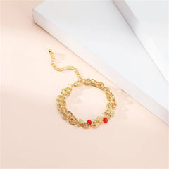 Red Acrylic & 18K Gold-Plated Flower Layered Charm Bracelet